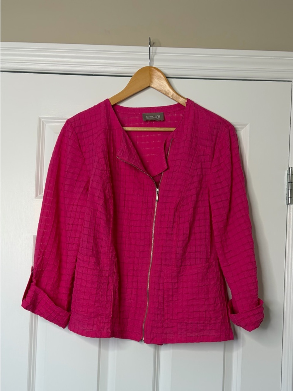 Chico's Cotton Fuchsia Pink Zip-Front Textured Lightweight Jacket Size M